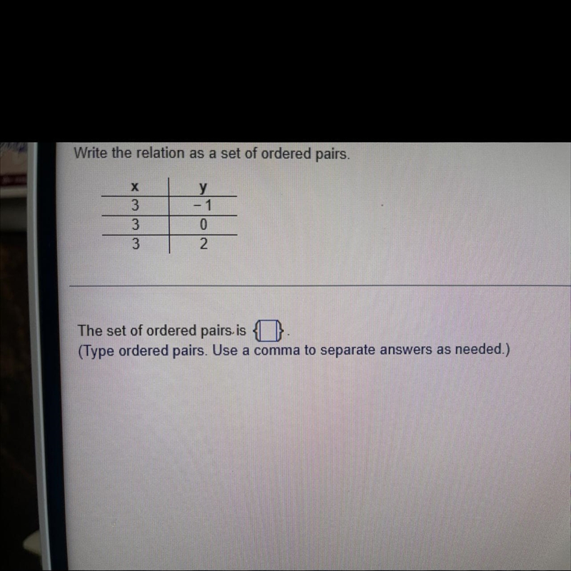 Write the relation as a set of ordered pairs.X333у- 102(2)-example-1