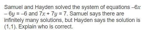 Samuel and Hayden solved the system of equations –6x – 6y = –6 and 7x + 7y = 7. Samuel-example-1