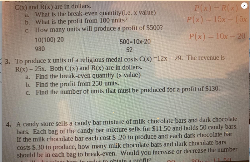 3. To produce x units of a religious medal costs C(x) =12x + 29. The revenue is R-example-1