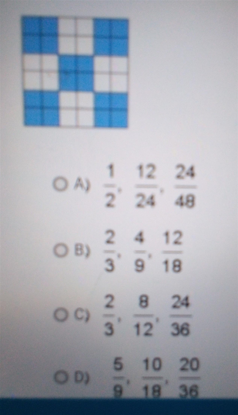 No links choose three equivalent fraction to name the Shaded part. A) 1/2, 12/24, 24/48 B-example-1