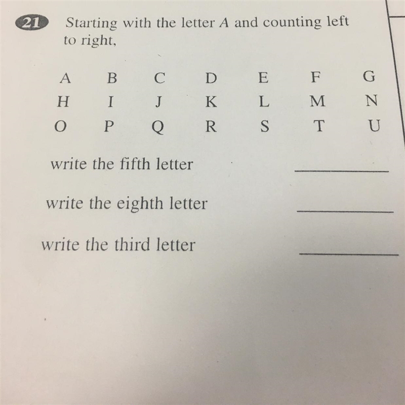 21 Starting with the letter A and counting left to right, B C I J P Q write the fifth-example-1