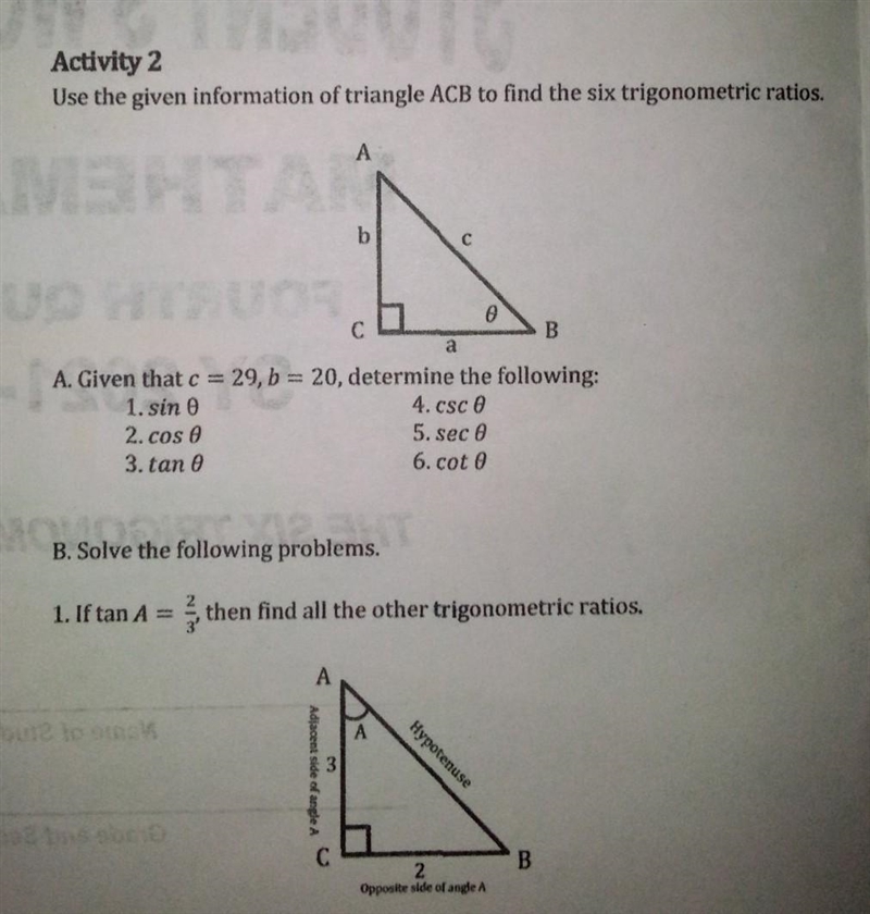 Activity 2 use the given information of triangle ACB to find the six trigonometric-example-1