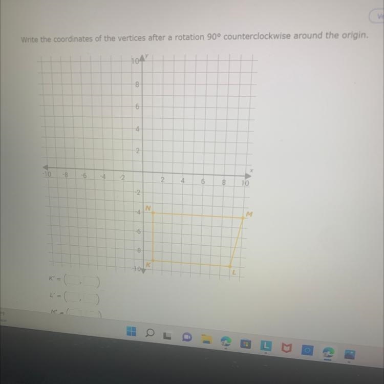 What are the coordinates of the vertices after a rotation 90 counterclockwise around-example-1