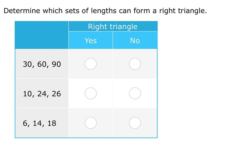 Determine which sets of lengths can form a right triangle-example-1