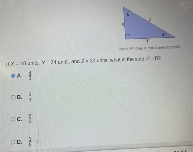 If X = 18 units, Y = 24 units, and Z = 30 units, what is the sine of-example-1