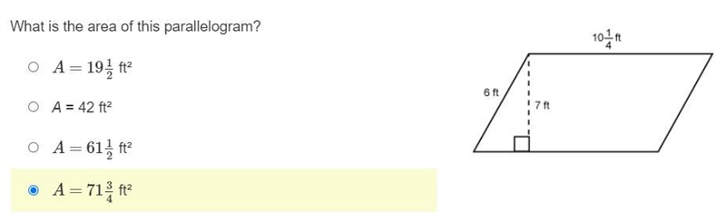 I NEED THE ANSWER ASAP! What is the area of this parallelogram? A=1912 ft² A = 42 ft-example-1