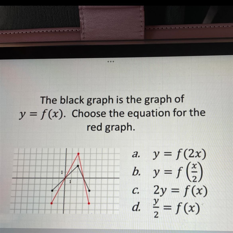 PLEASE HELP!!! The black graph is the graph of y = f(x). Choose the equation for the-example-1