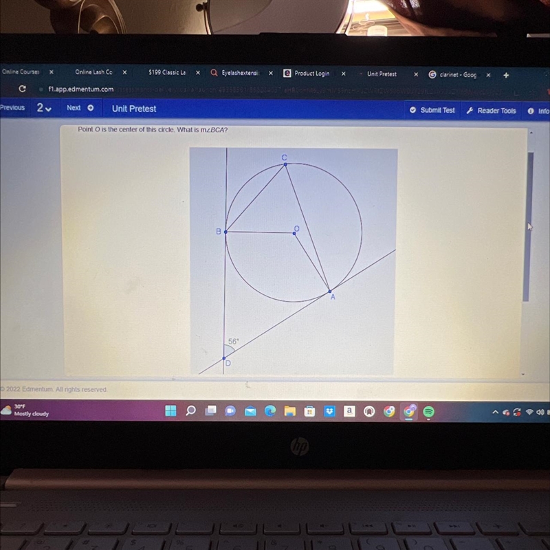 Point O is the center of this circle. What is mzBCA? A. 56 B. 62 C. 72 D.76-example-1