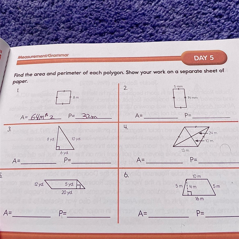 Find the area and perimeter of each polygon. Show your work-example-1