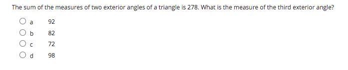 The sum of the measures of two exterior angles of a triangle is 278. What is the measure-example-1