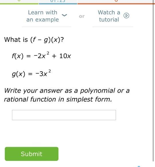 What is (f–g)(x)? f(x)= – 2x2+10x g(x)= – 3x2-example-1