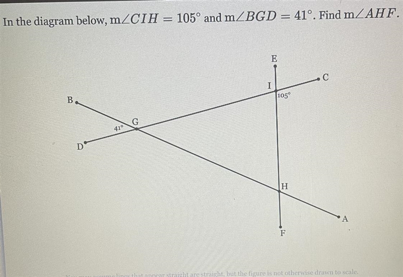 In the diagram below, m/CIH = 105° and m/BGD = 41°. Find m/AHF. B. D 41° G E 105 H-example-1