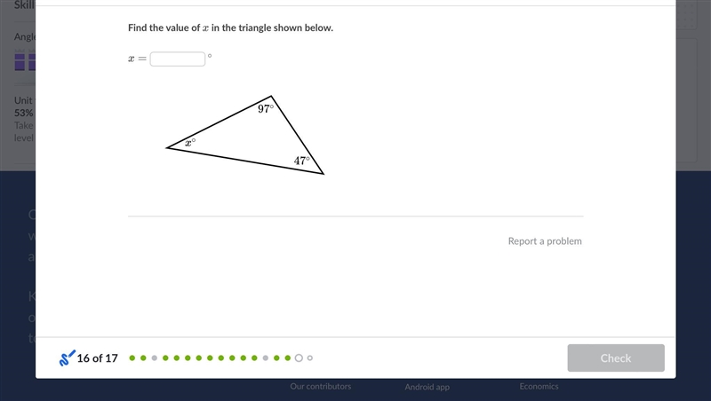 Find the value of x xx in the triangle shown below. x = x=x, equals ∘ ∘ degrees-example-1