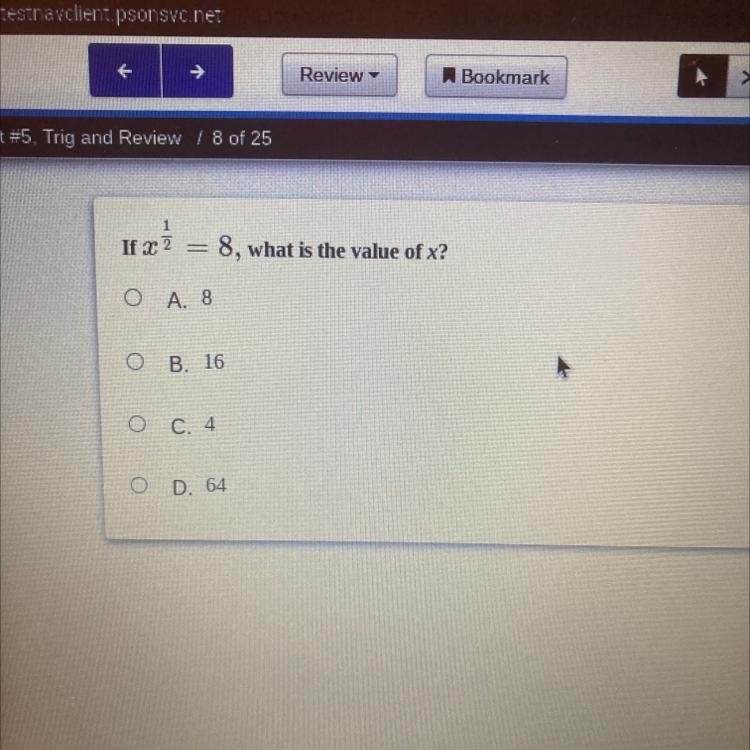 If x^1/2=8, what is the value of x?-example-1