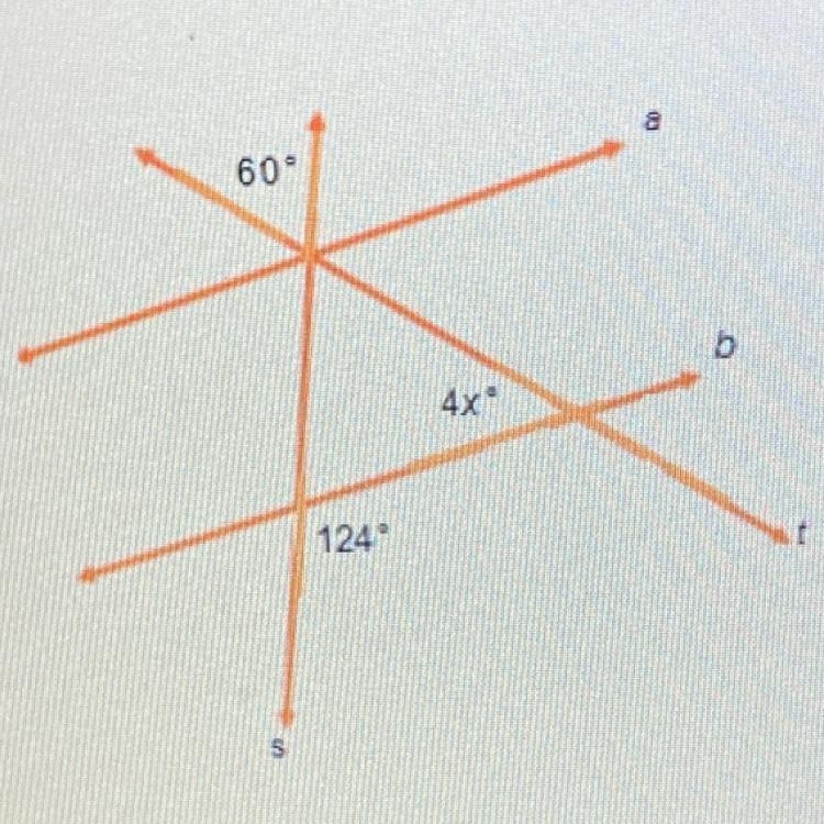 Lines a and b are parallel￼. what is the value of x? A) 15 B) 16 C) 56 D) 64-example-1