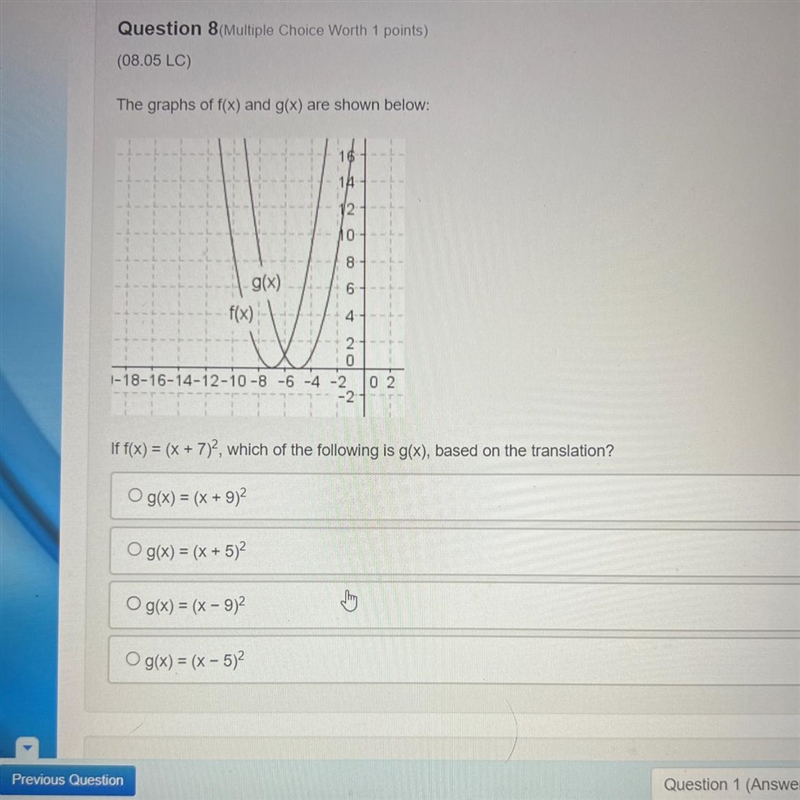 The graphs of f(x) and g(x) are shown below: If f(x) = (x + 7)^2, which of the following-example-1