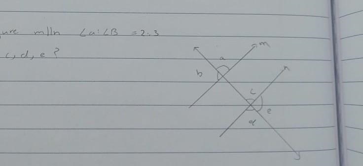 In figure m||n angle a : b = 2:3. find a,b,c,d,e​-example-1