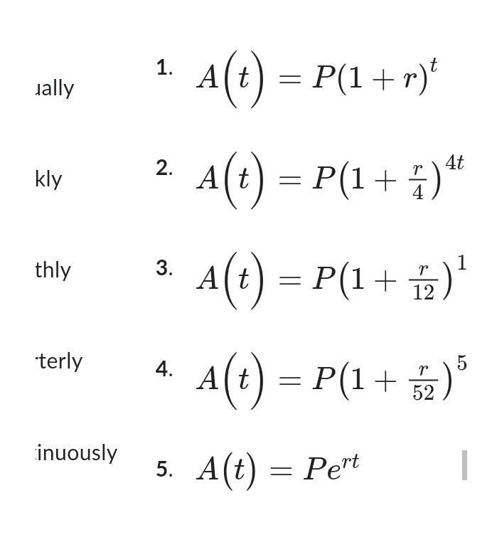 Math the formulas with the apporiate compounded per year. 1. montly 2.weekly 3. annually-example-1