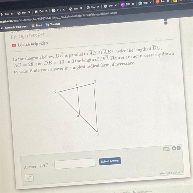 In the diagram below, DE is parallel to AB. If AB is twice the length of DC, AC = 28, and-example-1