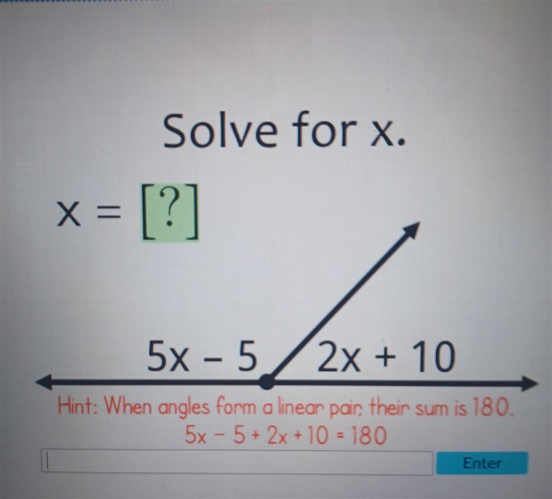 Solve for x. 5x-5 / 2x + 10​-example-1