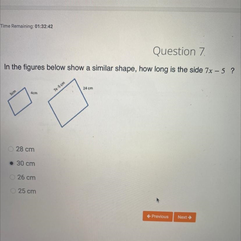 In the figures below show a similar shape, how long is the side 7x - 5 ?-example-1