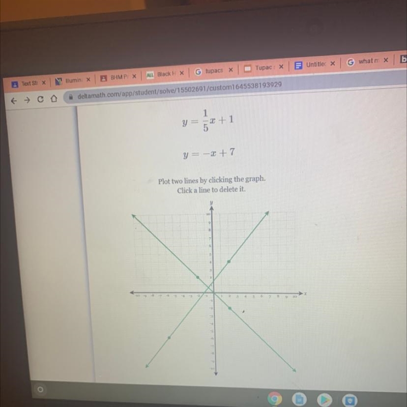 1 y = 5*+1 y = -x + 7 Plot two lines by clicking the graph, Click a line to delete-example-1