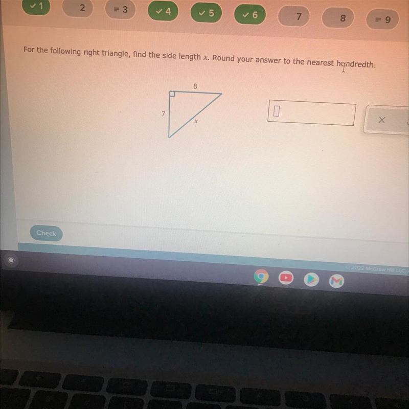 For the following right triangle, find the side length x. Round your answer to the-example-1