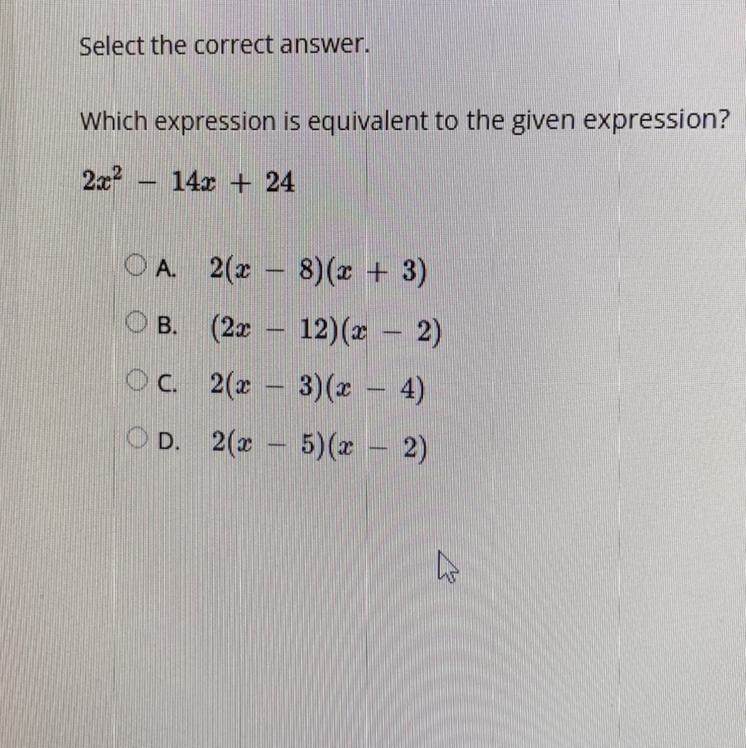 Select the correct answer. CAMERY Which expression is equivalent to the given expression-example-1