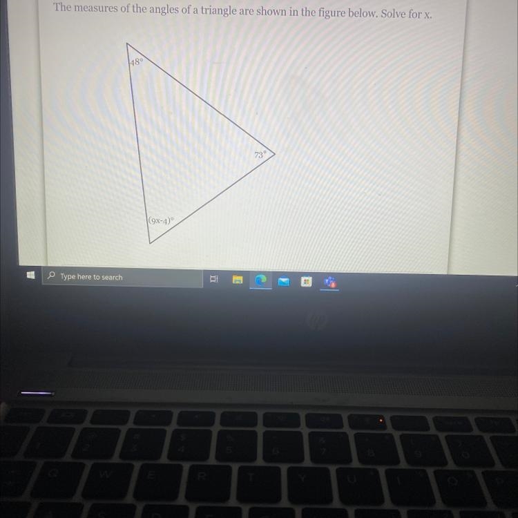 The measures of the angles of a triangle are shown in the figure below. Solve for-example-1