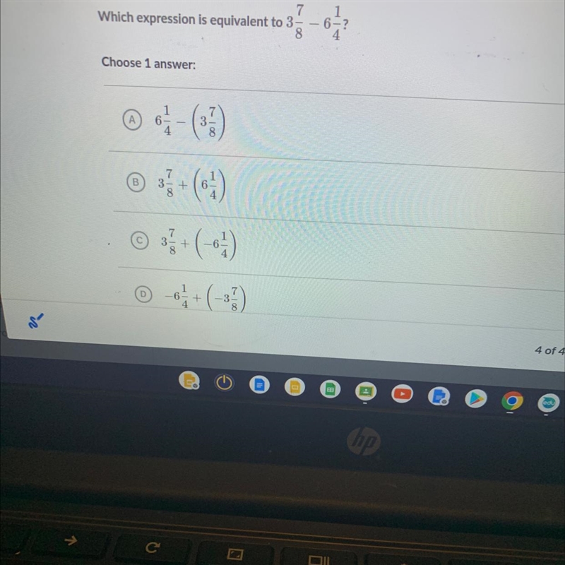 Which expression is equivalent to 3 7/8 - 6 1/4-example-1