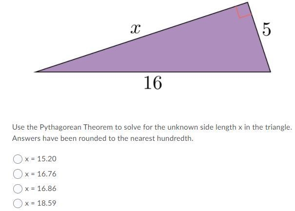 Use the Pythagorean Theorem to solve for the unknown side length x in the triangle-example-1