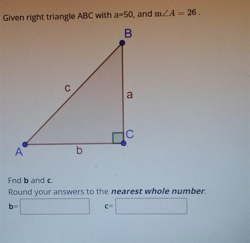 Given right triangle ABC with a=50, and m-example-1