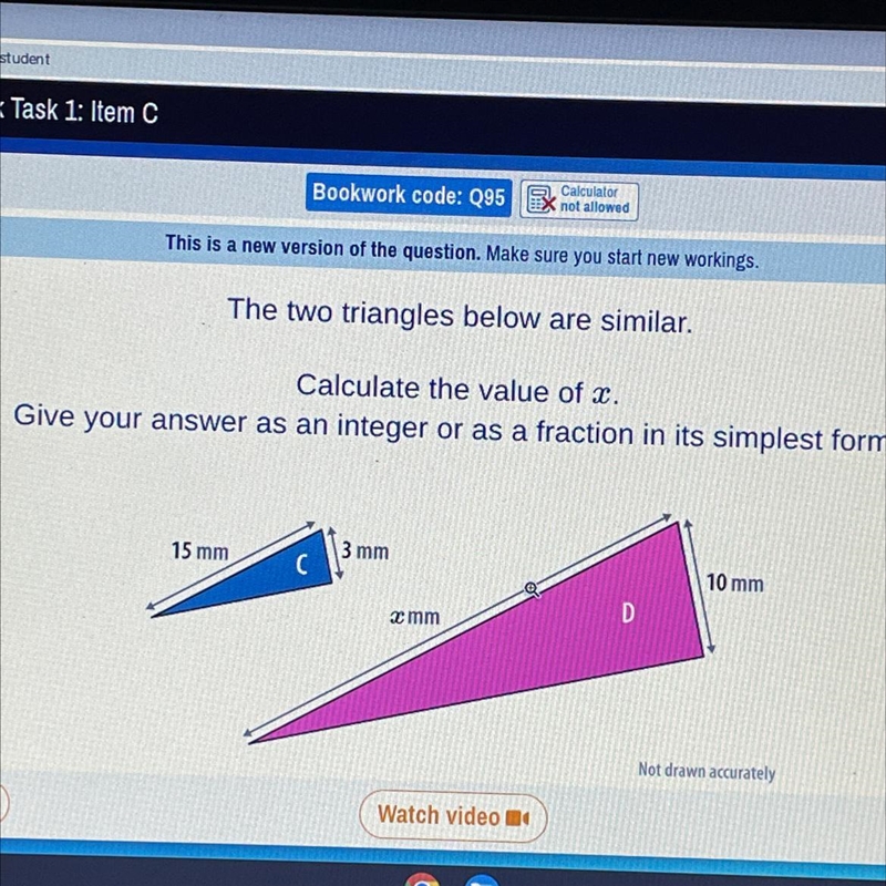 The two triangles below are similar. Calculate the value of x. Give your answer as-example-1