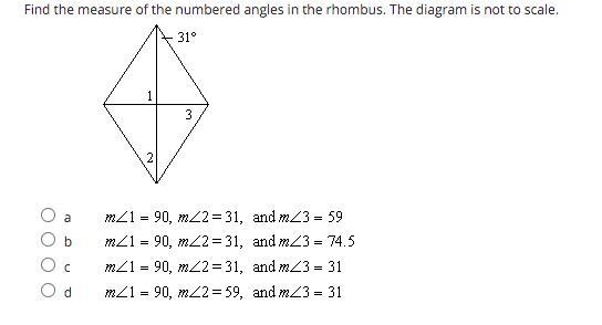 Find the measure of the numbered angles in the rhombus. The diagram is not to scale-example-1