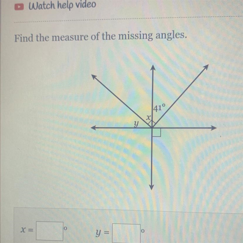 Find the missing angles x and y vertical/adjacent angles-example-1