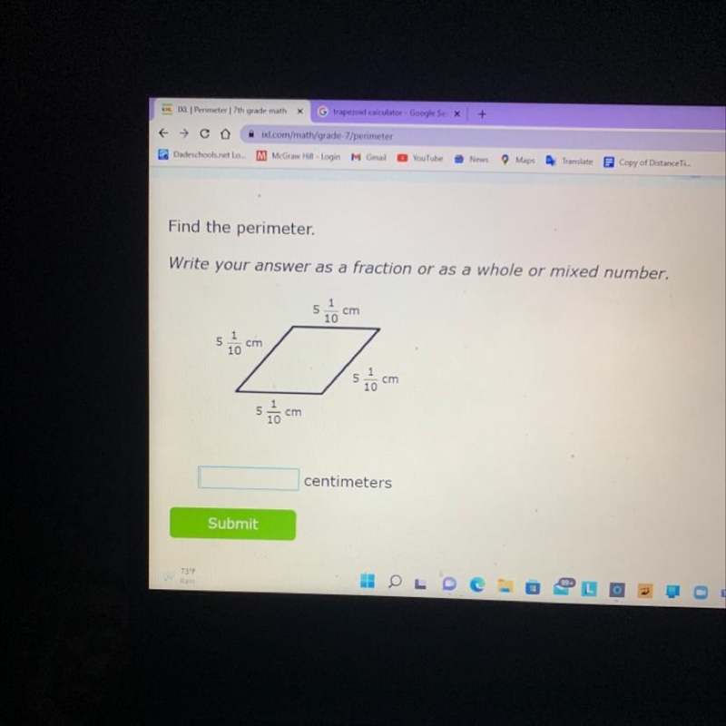 Find the perimeter. Write your answer as a fraction or as a whole or mixed numbe 5 1 cm-example-1