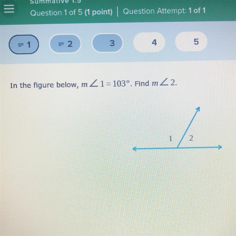 In the figure below, m1=103°. Find m2. 1 2-example-1