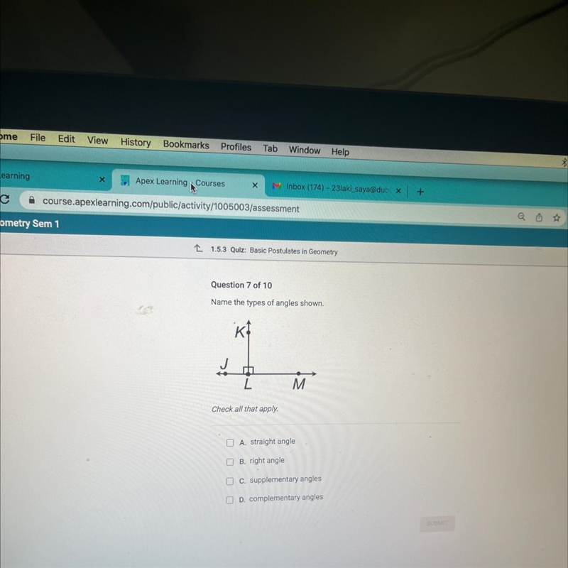 Name the types of angles shown. L M Check all that apply. A. straight angle B. right-example-1