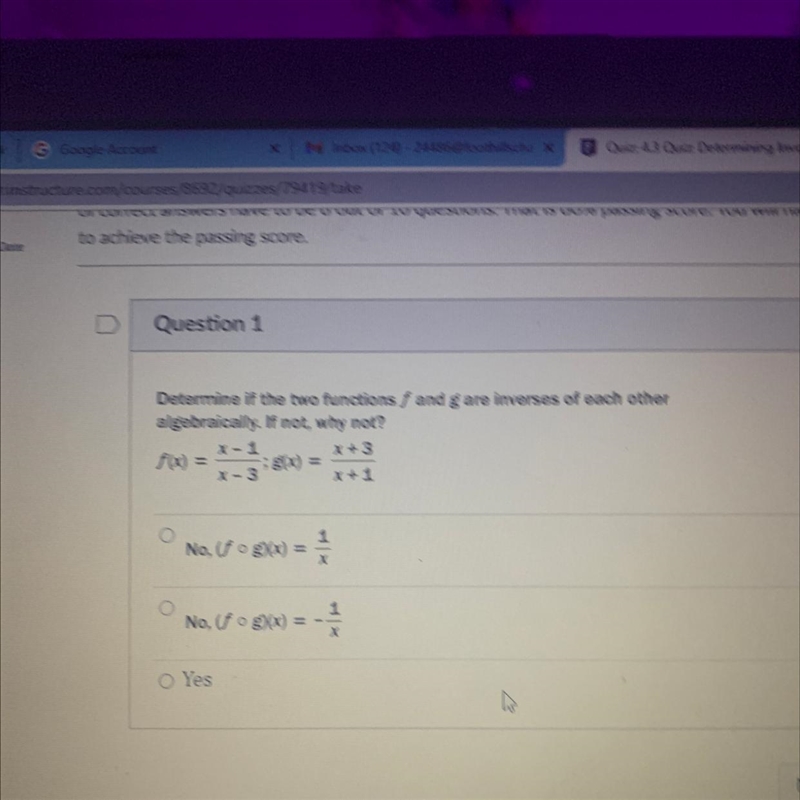 Determine if the two functions f and g are inverses of each other algebraically. If-example-1