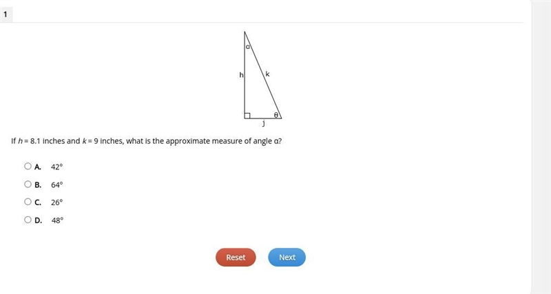 If h = 8.1 inches and k = 9 inches, what is the approximate measure of angle α?-example-1