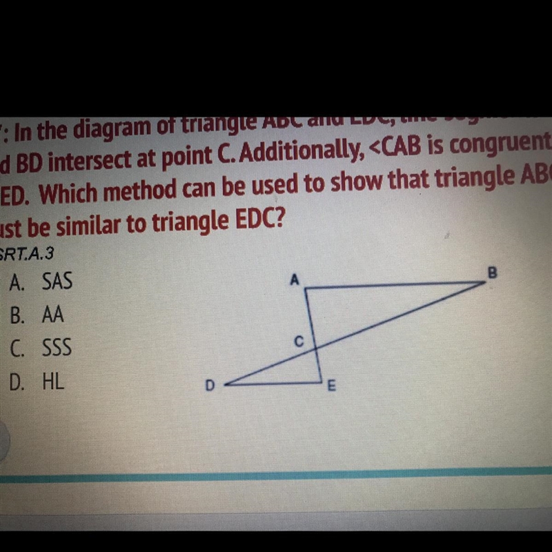 In the diagram of triangle ABC and EDC, line segments AE and BD intersect at point-example-1