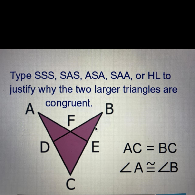 Type SSS, SAS, ASA, SAA, or HL to justify why the two larger triangles are congruent-example-1