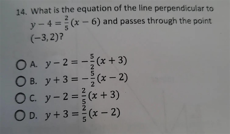 2 - 14. What is the equation of the line perpendicular to y - 4 = (x - 6) and passes-example-1