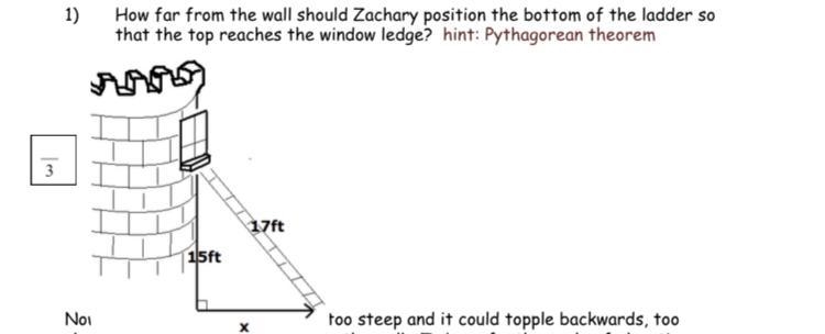 Pythagorean theorem How far from the wall should Zachary position the bottom of the-example-1