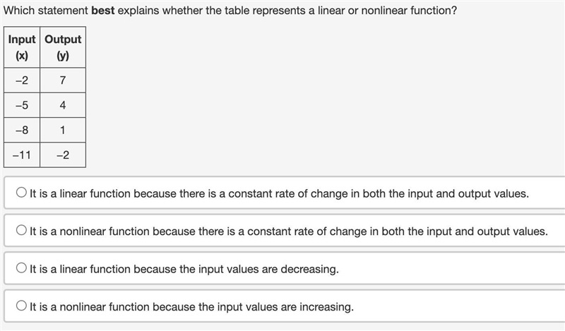 which statement best explain best explains whether the table represents a linear or-example-1