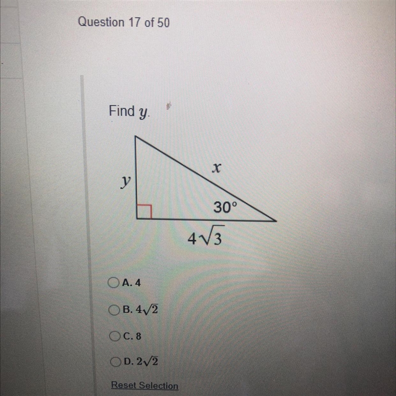 Find y y A.4 B. 4√2 C. 8 D. 2√2 X 30° 4√3-example-1