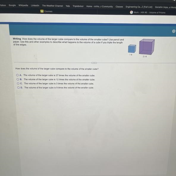 How does the volume of the larger cube compare to the volume of the smaller cube? Use-example-1