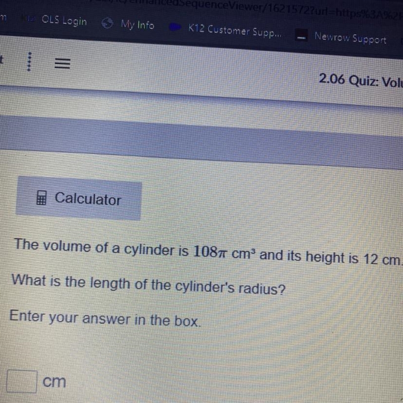 The volume of a cylinder is 1087 cm and its height is 12 cm.-example-1