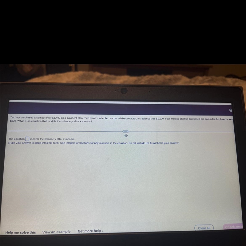 HELP ASAP PLS!!! Zachary purchased a computer for $1,400 on a payment plan. Two months-example-1