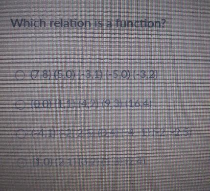 Which relation is a function? (7,8) (5,0) (-3,1) (-5,0) (-3,2) (0,0) (1,1) (4,2) (9,3) (16,4) (-4,1)(-2, 2.5) (0,4)(-4,-1)(-2,-2.5) (1,0) (2,1) (3,2)(1,3) (2,4)-example-1